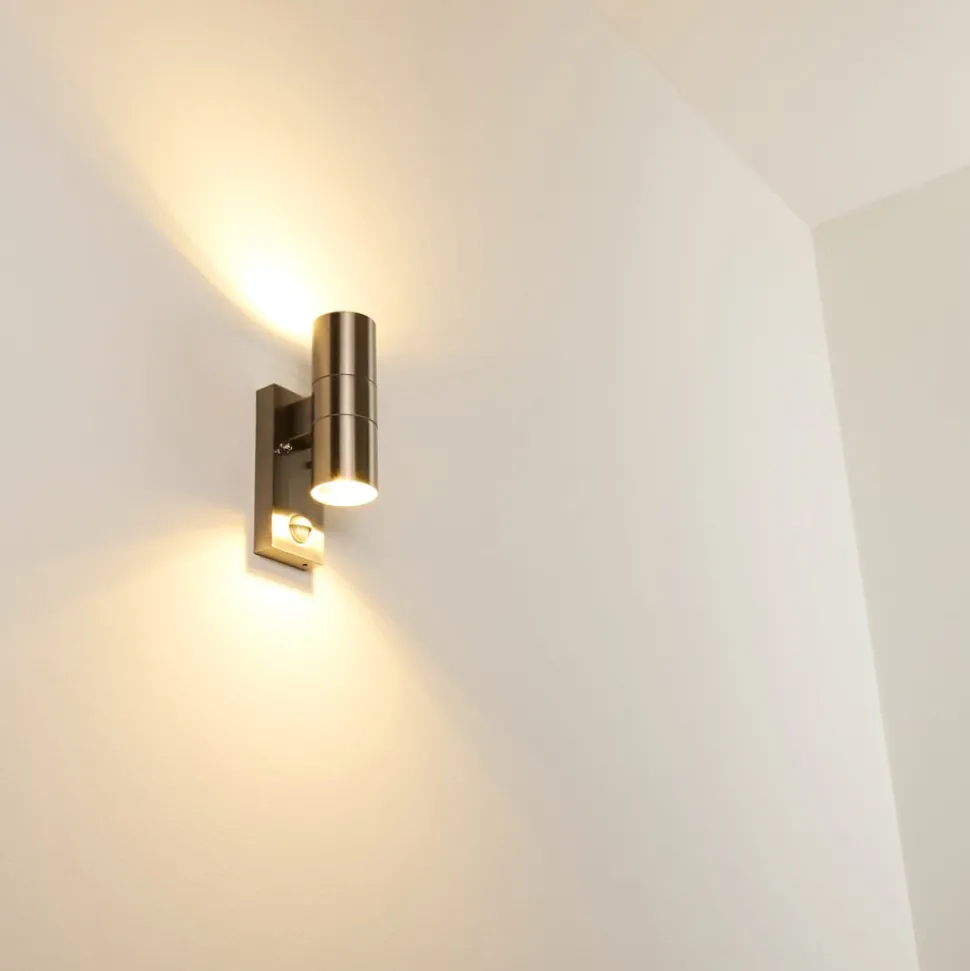 Applique Murale D'Exterieur Brachy Acier Inoxydable, 2 Lumieres, Detecteur De Mouvement