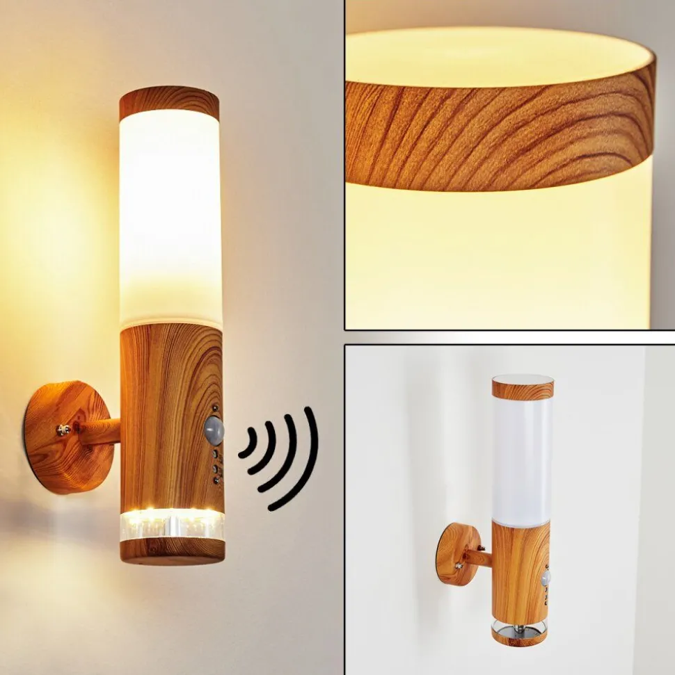 Applique Murale D'Exterieur Tenvik Led Brun, Couleur Bois, 2 Lumieres, Detecteur De Mouvement