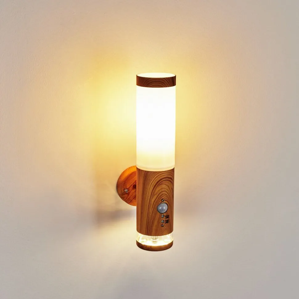 Applique Murale D'Exterieur Tenvik Led Brun, Couleur Bois, 2 Lumieres, Detecteur De Mouvement