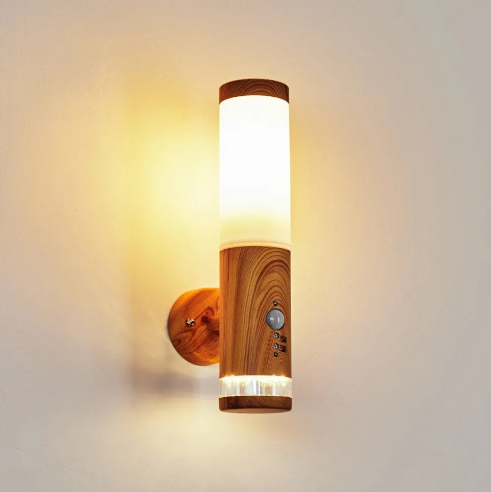 Applique Murale D'Exterieur Tenvik Led Brun, Couleur Bois, 2 Lumieres, Detecteur De Mouvement