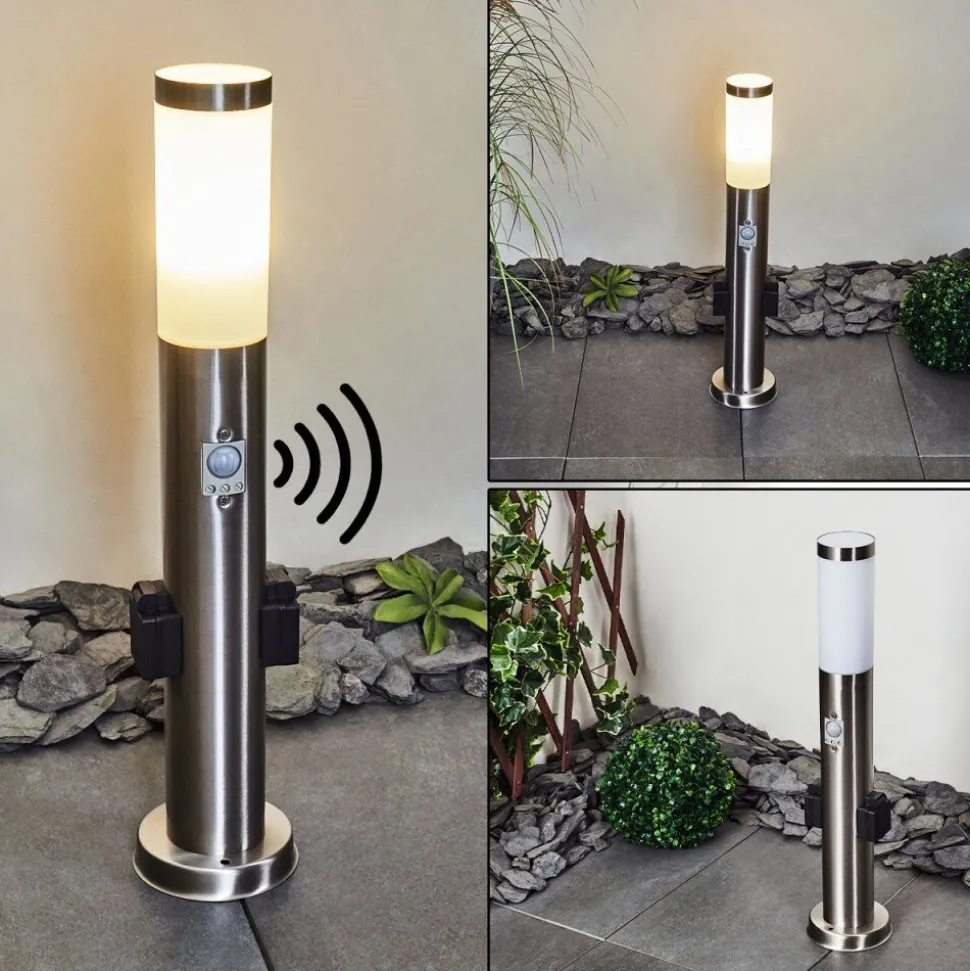 Borne Lumineuse Gaborone Led Nickel Mat, 1 Lumiere, Detecteur De Mouvement