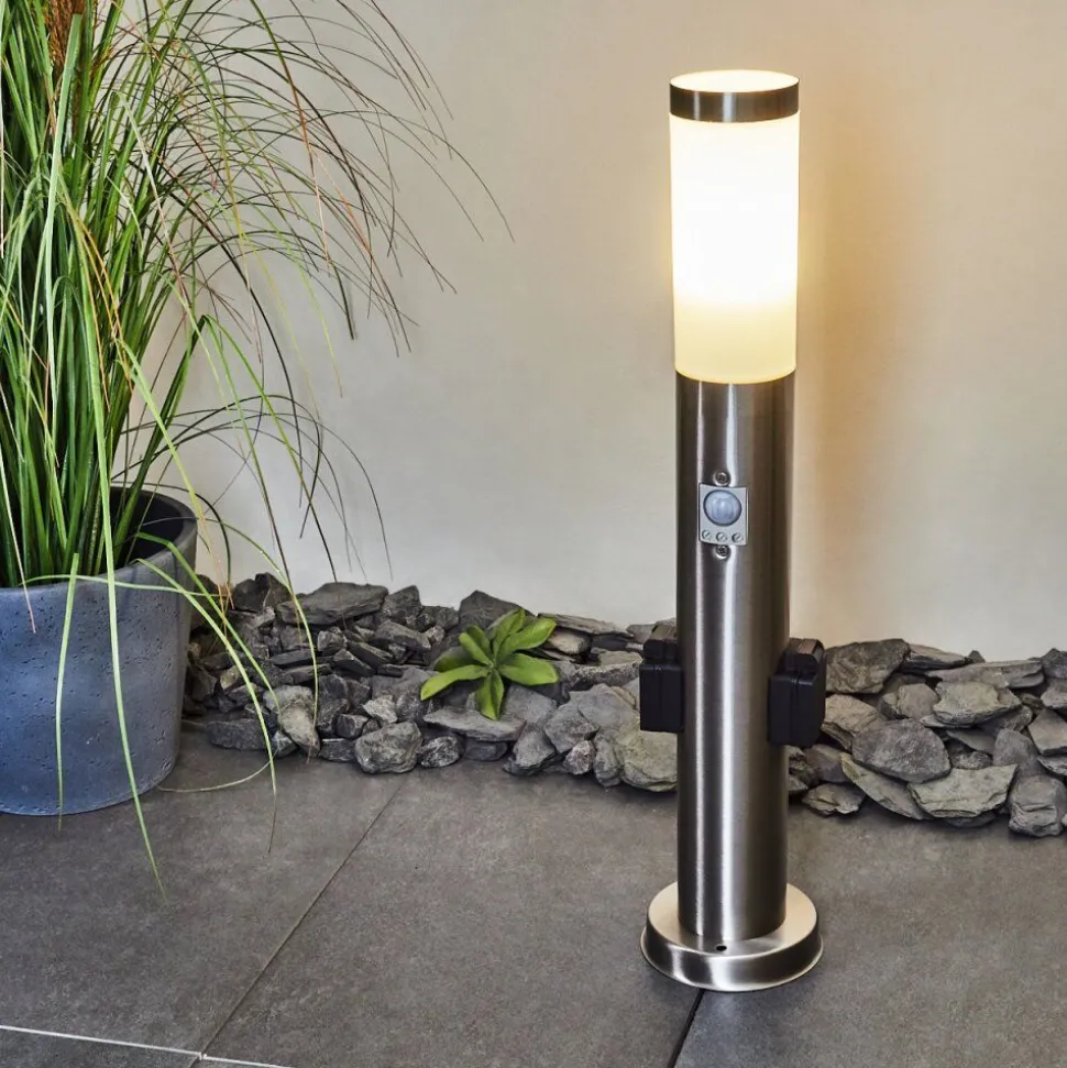 Borne Lumineuse Gaborone Led Nickel Mat, 1 Lumiere, Detecteur De Mouvement