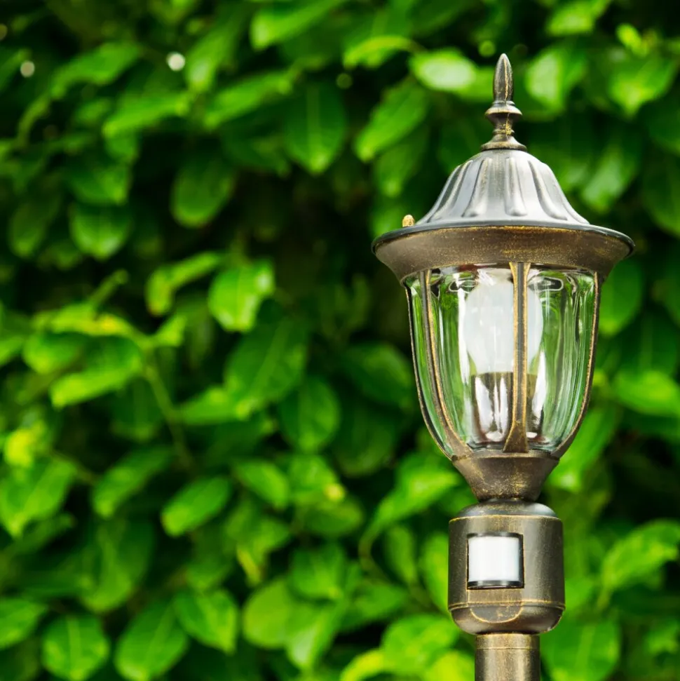 Borne Lumineuse Ribadeo Noir Dore, 1 Lumiere, Detecteur De Mouvement