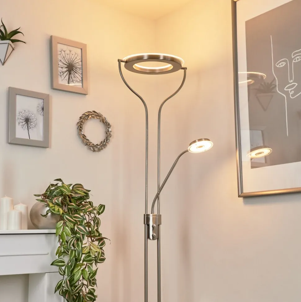Lampadaire A Vasqueplouescat Led Nickel Mat, 2 Lumieres