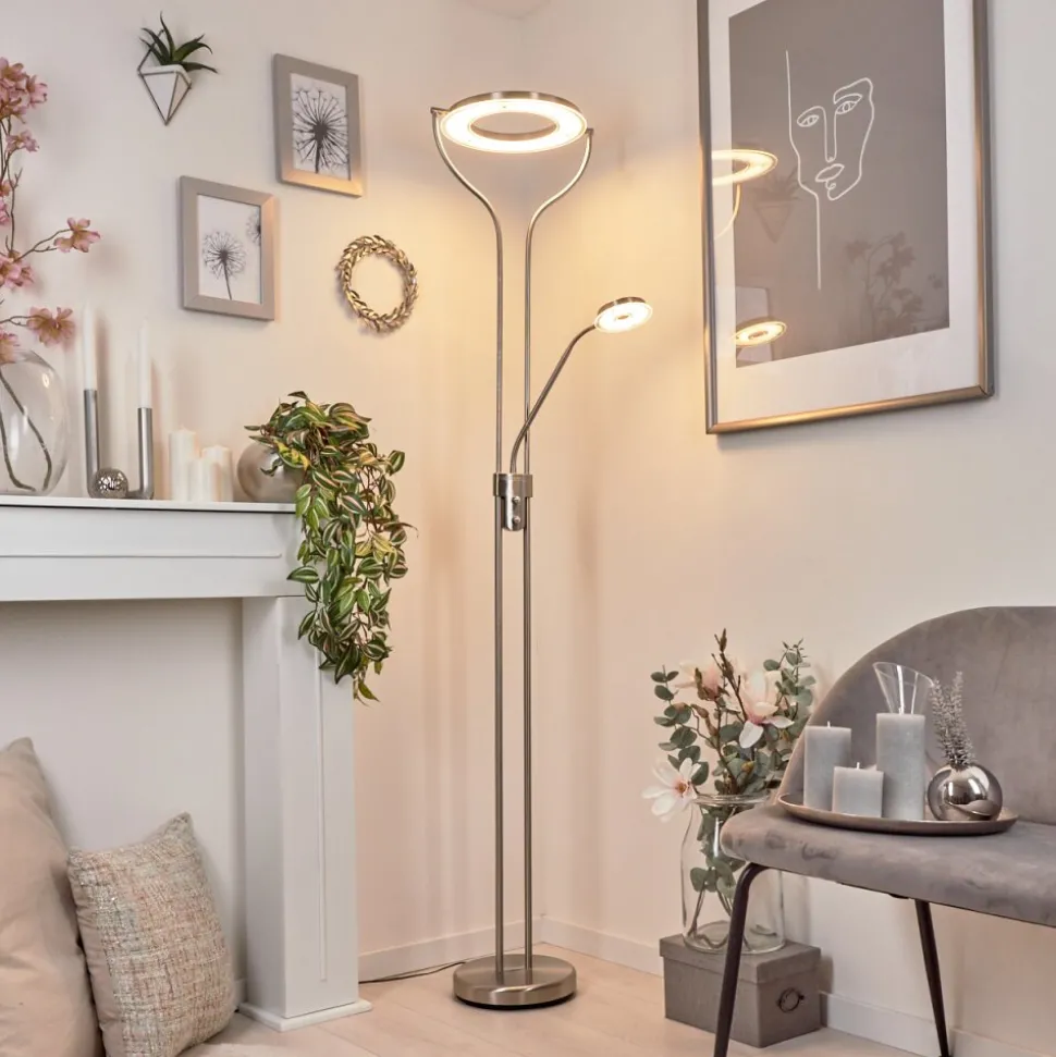 Lampadaire A Vasqueplouescat Led Nickel Mat, 2 Lumieres
