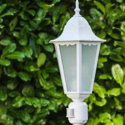 Lampadaire D'Exterieur Hongkong Frost Blanc, 1 Lumiere, Detecteur De Mouvement
