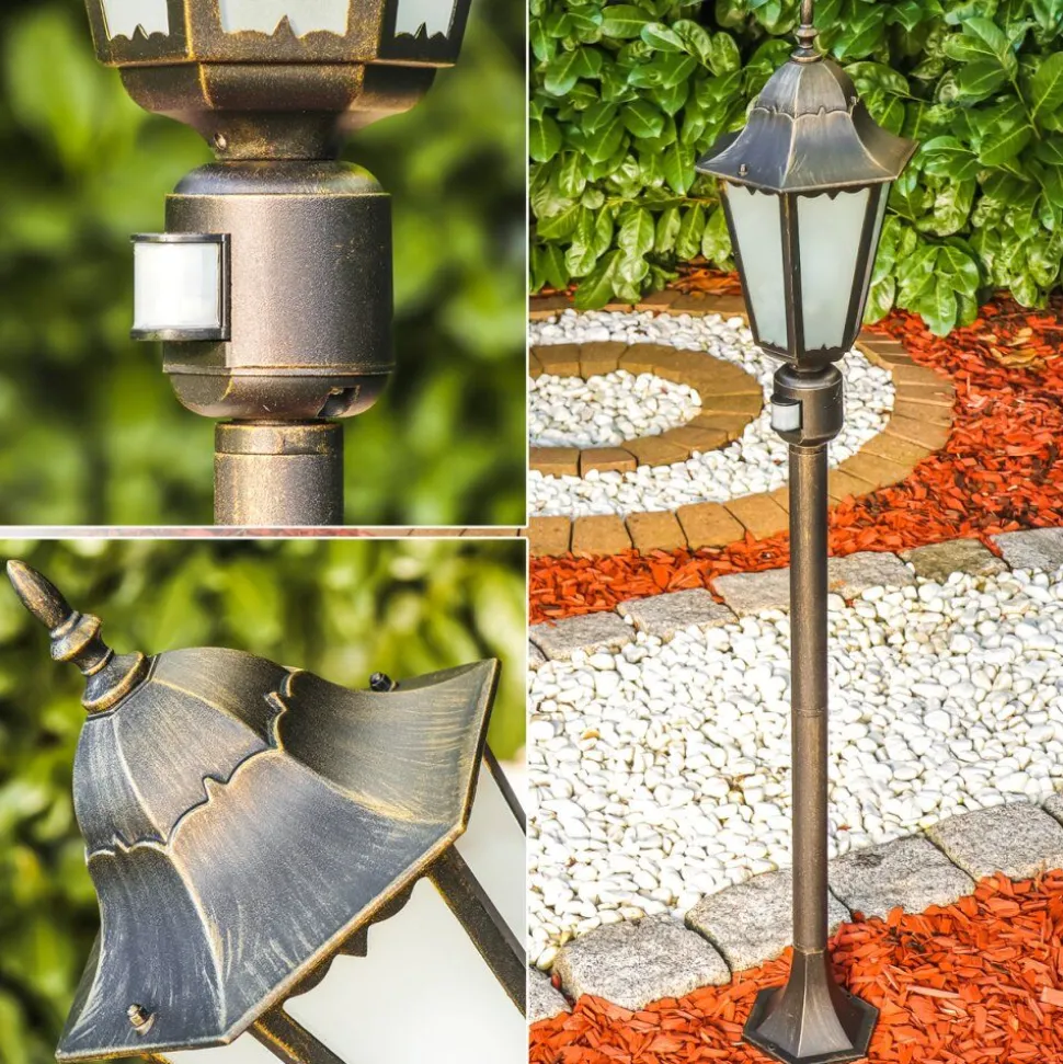 Lampadaire D'Exterieur Hongkong Frost Brun Dore, 1 Lumiere, Detecteur De Mouvement