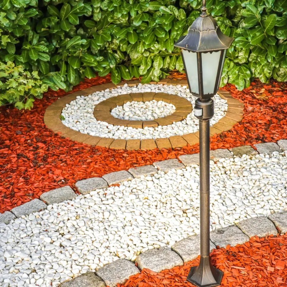 Lampadaire D'Exterieur Hongkong Frost Brun Dore, 1 Lumiere, Detecteur De Mouvement