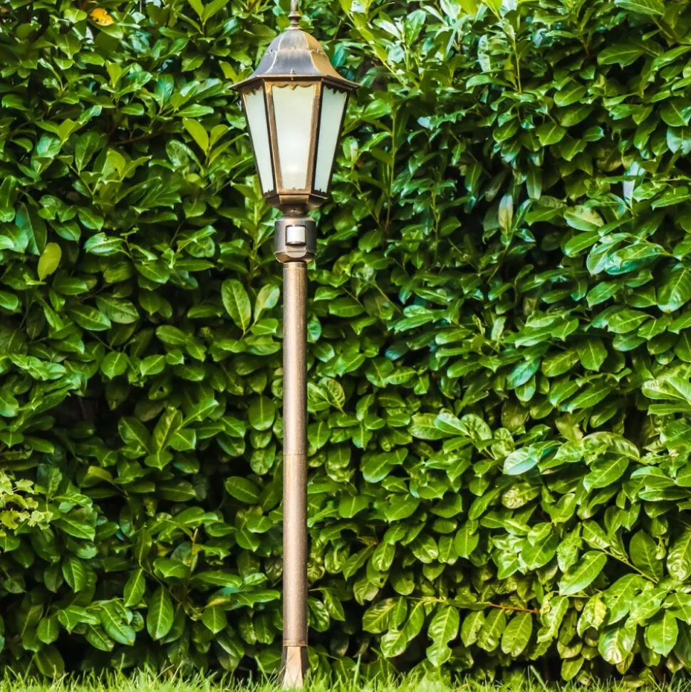 Lampadaire D'Exterieur Hongkong Frost Brun Dore, 1 Lumiere, Detecteur De Mouvement