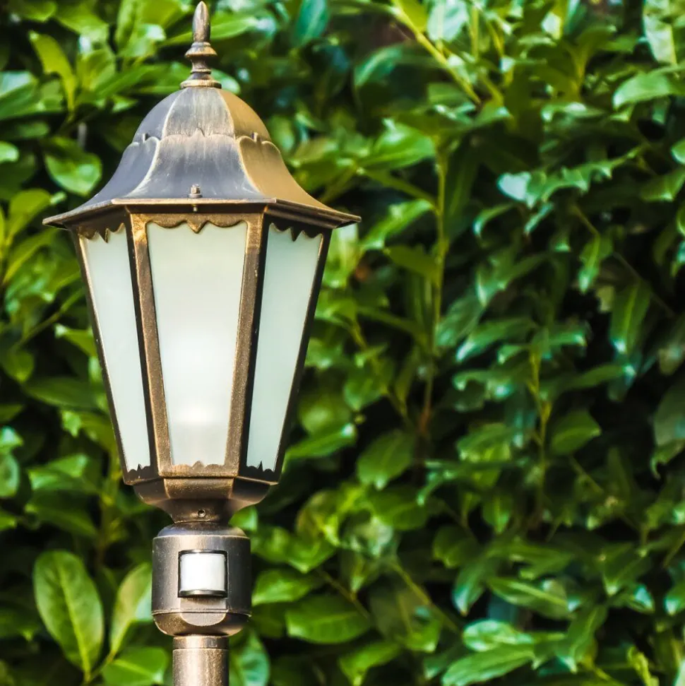 Lampadaire D'Exterieur Hongkong Frost Brun Dore, 1 Lumiere, Detecteur De Mouvement