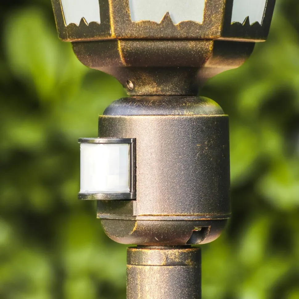 Lampadaire D'Exterieur Hongkong Frost Brun Dore, 1 Lumiere, Detecteur De Mouvement