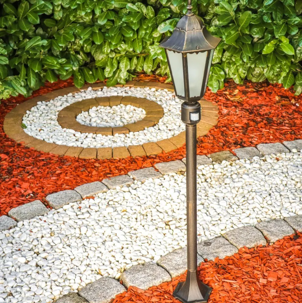 Lampadaire D'Exterieur Hongkong Frost Brun Dore, 1 Lumiere, Detecteur De Mouvement