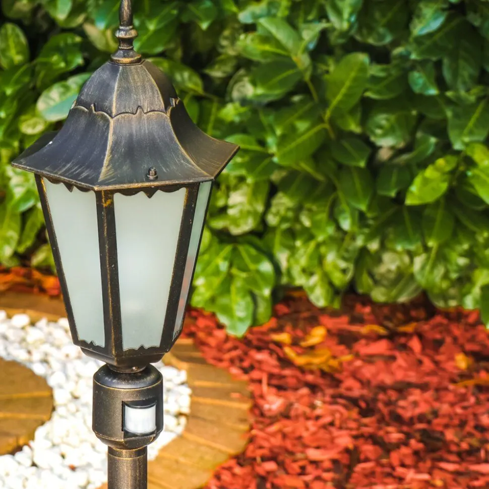 Lampadaire D'Exterieur Hongkong Frost Brun Dore, 1 Lumiere, Detecteur De Mouvement
