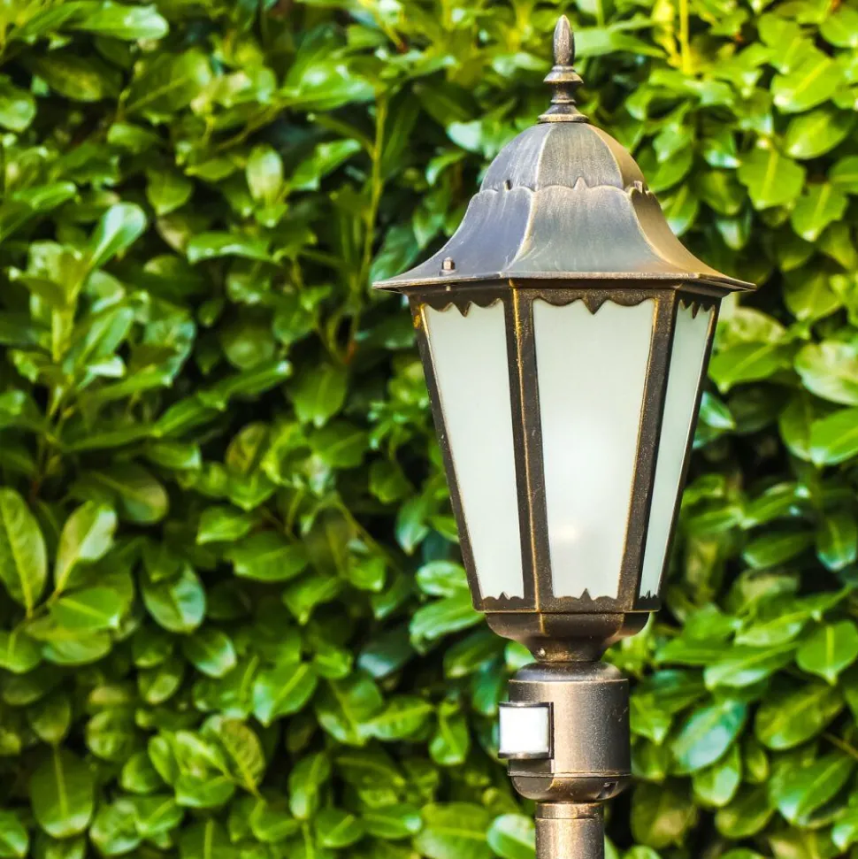 Lampadaire D'Exterieur Hongkong Frost Brun Dore, 1 Lumiere, Detecteur De Mouvement