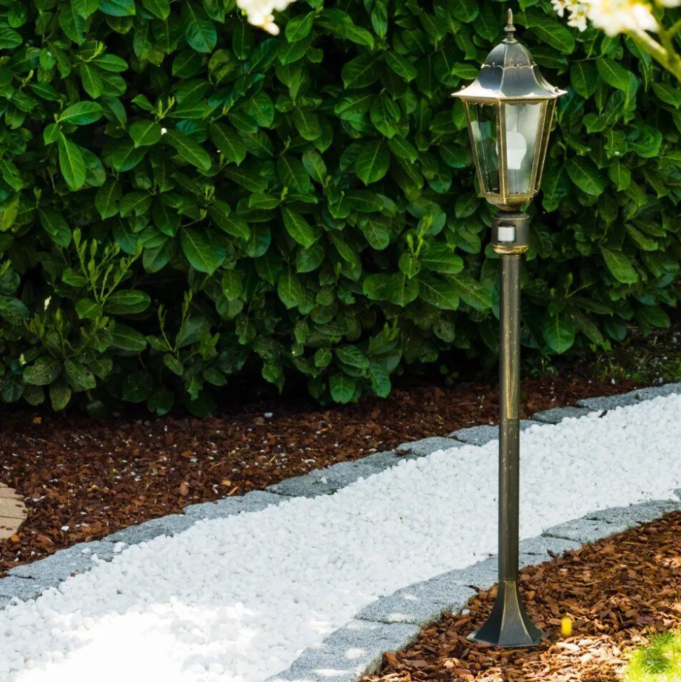 Lampadaire Exterieur Bristol Or, Laiton, 1 Lumiere, Detecteur De Mouvement