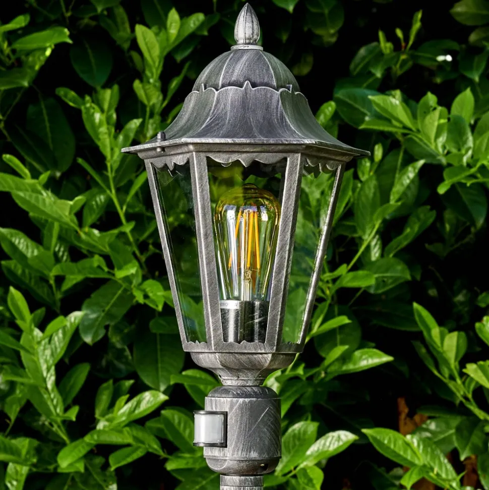 Lampadaire Exterieur Lignac Noir, Argente, 1 Lumiere, Detecteur De Mouvement