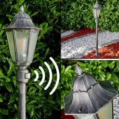 Lampadaire Exterieur Lignac Noir, Argente, 1 Lumiere, Detecteur De Mouvement