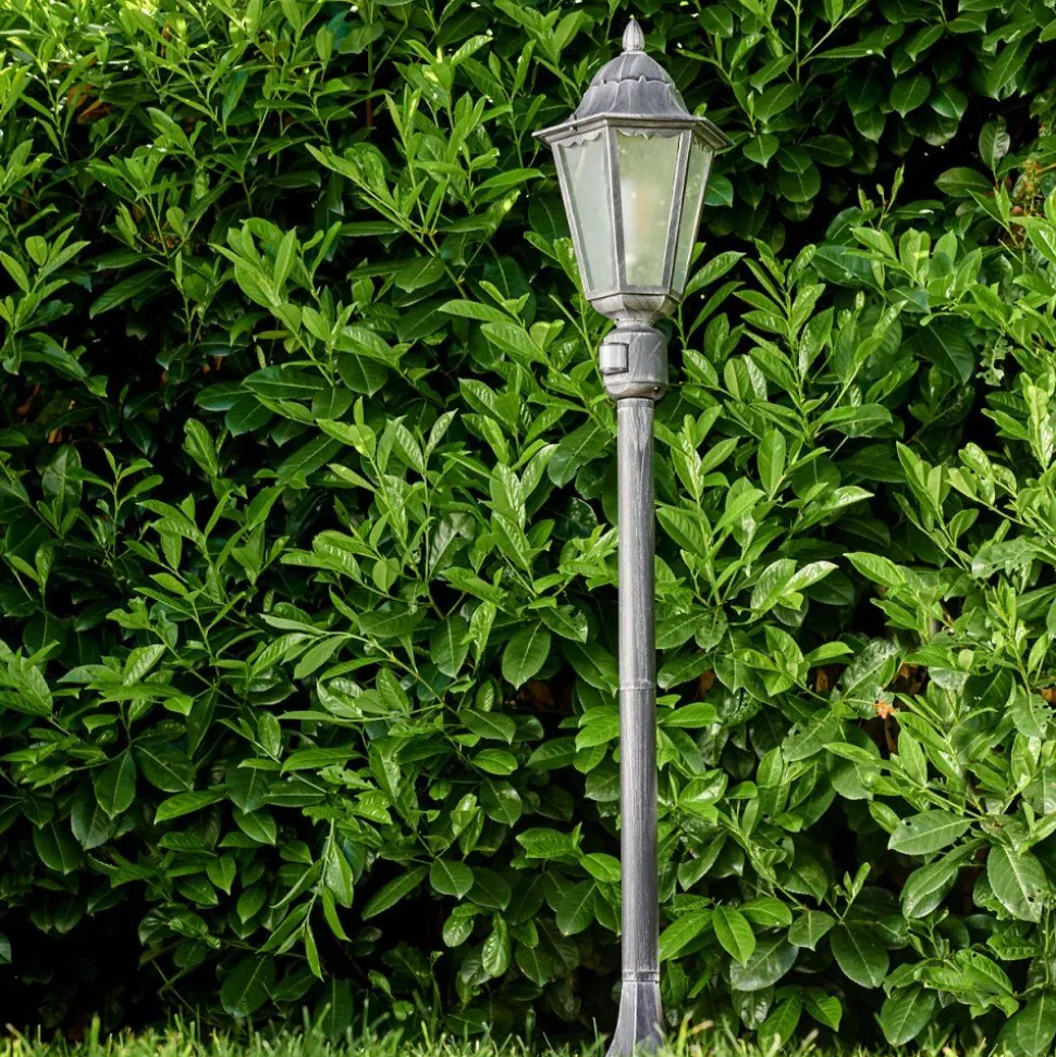 Lampadaire Exterieur Lignac Noir, Argente, 1 Lumiere, Detecteur De Mouvement