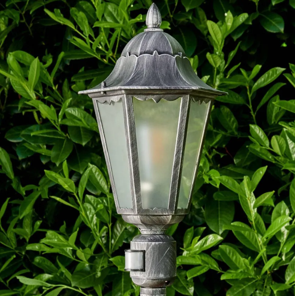 Lampadaire Exterieur Lignac Noir, Argente, 1 Lumiere, Detecteur De Mouvement