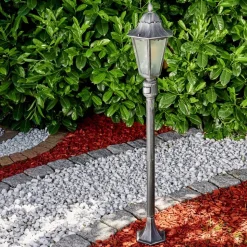 Lampadaire Exterieur Lignac Noir, Argente, 1 Lumiere, Detecteur De Mouvement