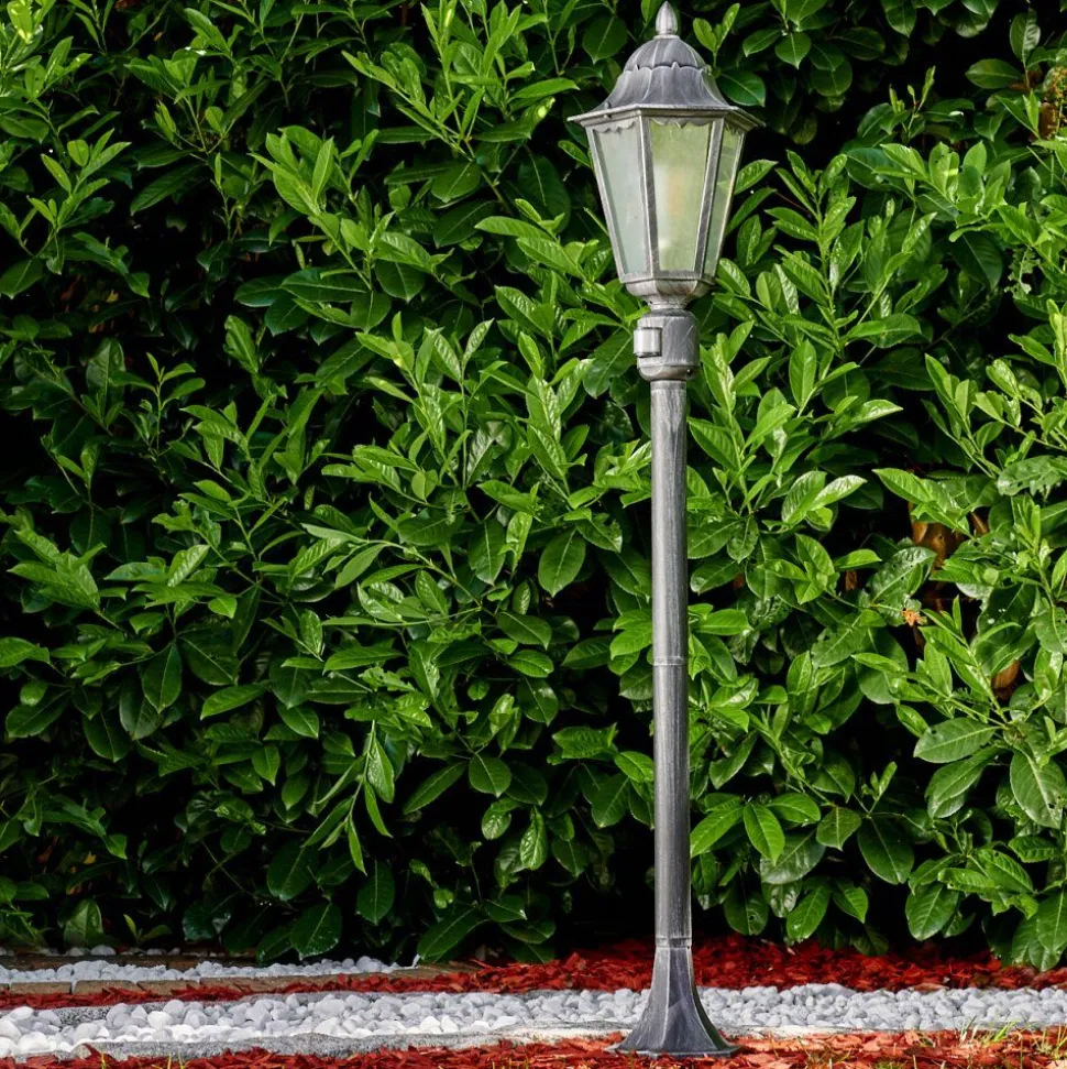 Lampadaire Exterieur Lignac Noir, Argente, 1 Lumiere, Detecteur De Mouvement
