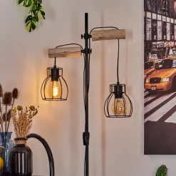 Lampadaire Gondo Bois Clair, Noir, 2 Lumieres