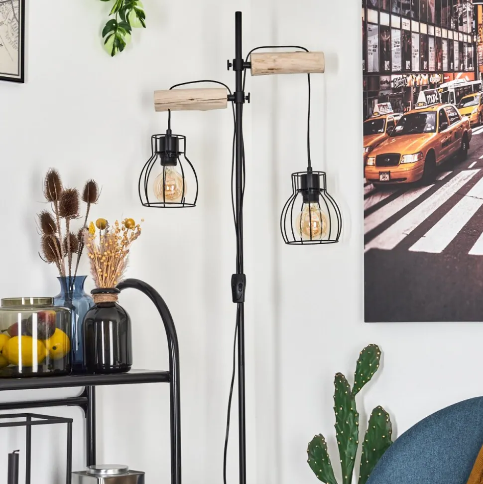 Lampadaire Gondo Bois Clair, Noir, 2 Lumieres
