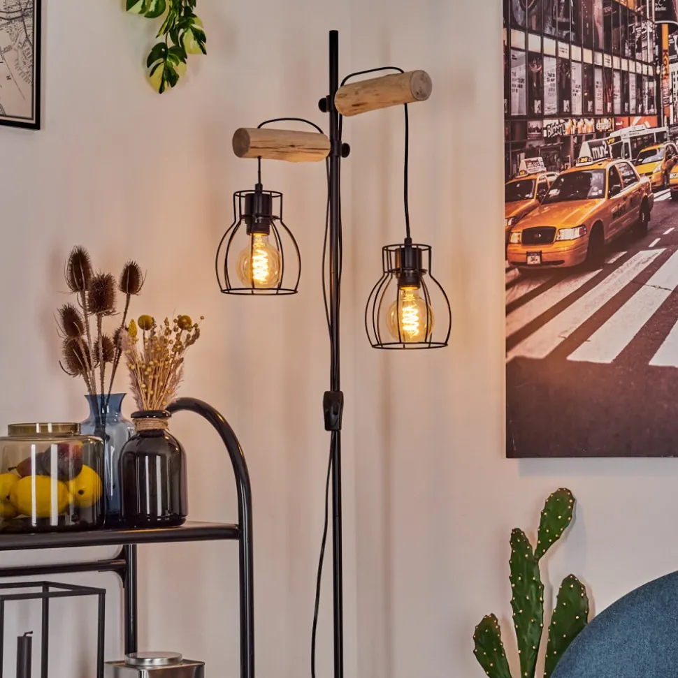 Lampadaire Gondo Bois Clair, Noir, 2 Lumieres