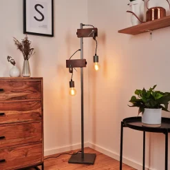Lampadaire Hautahi Gris, Bois Fonce, 2 Lumieres