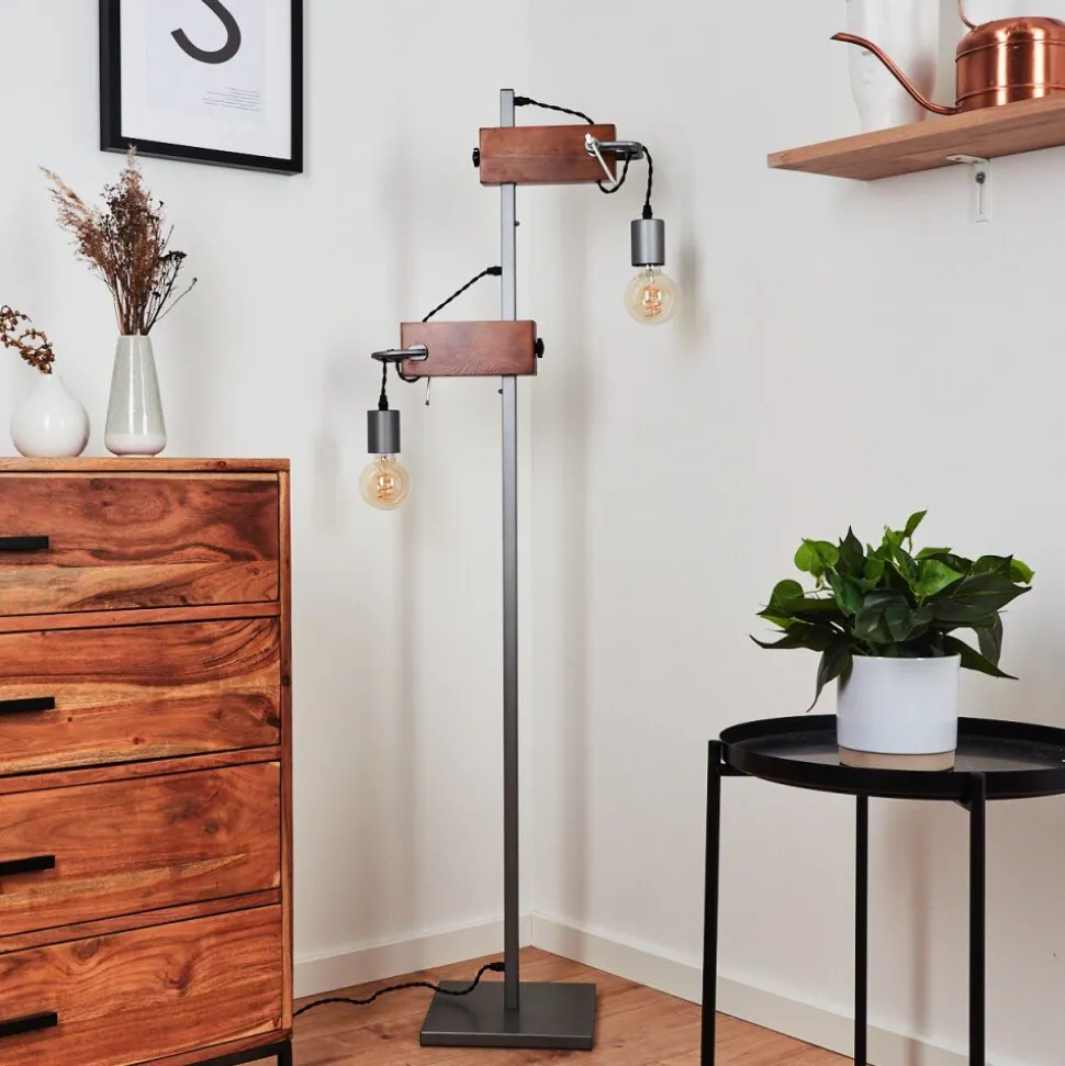 Lampadaire Hautahi Gris, Bois Fonce, 2 Lumieres