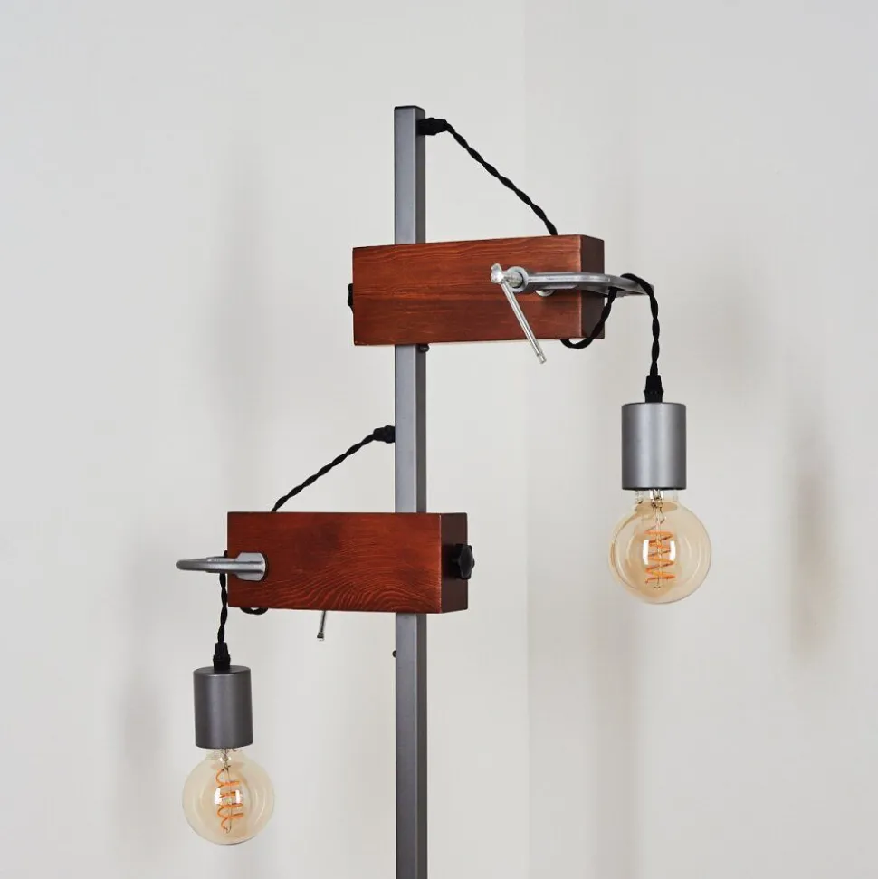Lampadaire Hautahi Gris, Bois Fonce, 2 Lumieres