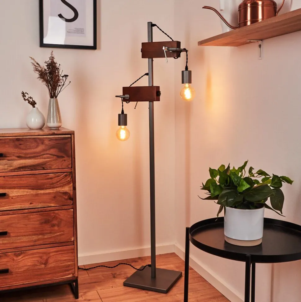 Lampadaire Hautahi Gris, Bois Fonce, 2 Lumieres