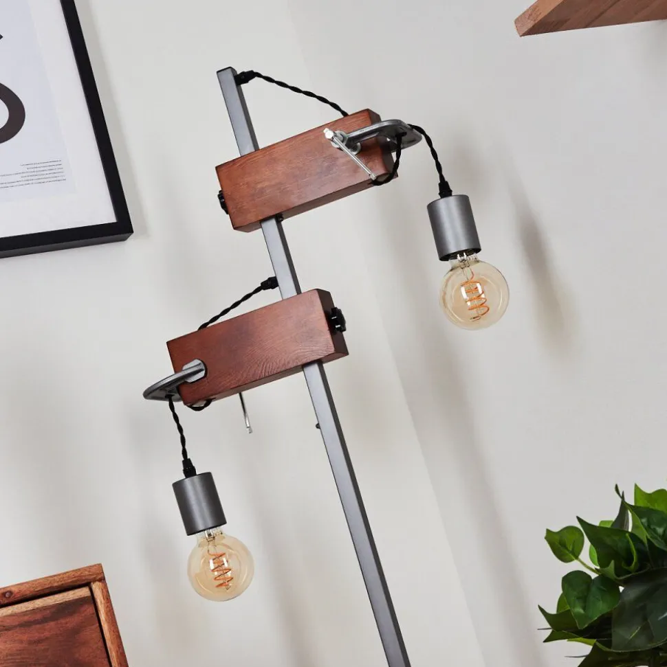 Lampadaire Hautahi Gris, Bois Fonce, 2 Lumieres