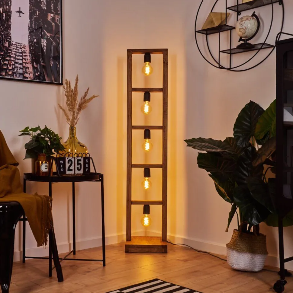 Lampadaire Lanny Bois Fonce, Noir, 5 Lumieres