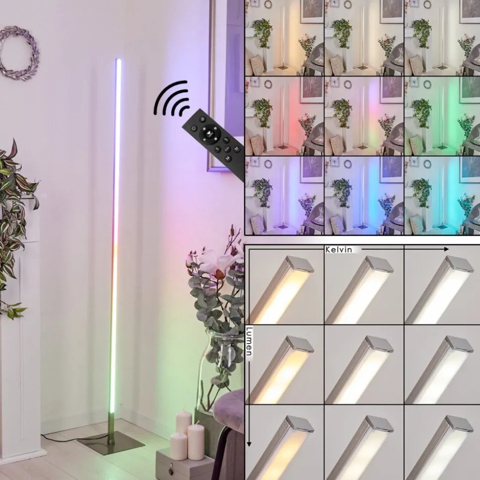 Lampadaire Minacar Led Nickel Mat, 1 Lumiere, Telecommandes, Changeur De Couleurs