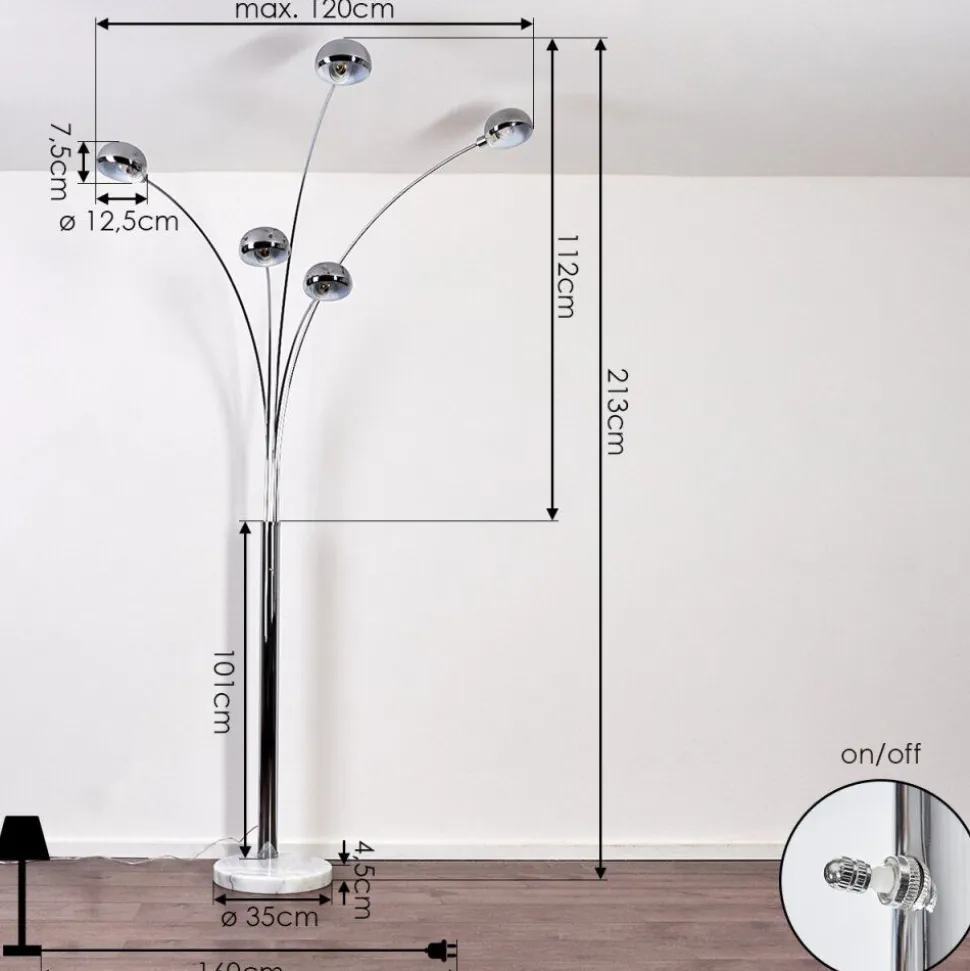 Lampadaire Nikkala Chrome, Blanc, 5 Lumieres