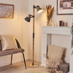 Lampadaire Orny Gris, Bois Clair, 2 Lumieres