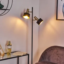 Lampadaire Pretoria Vieux Laiton, Noir, 2 Lumieres