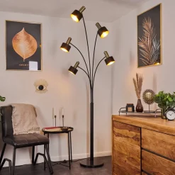 Lampadaire Pretoria Vieux Laiton, Noir, 5 Lumieres