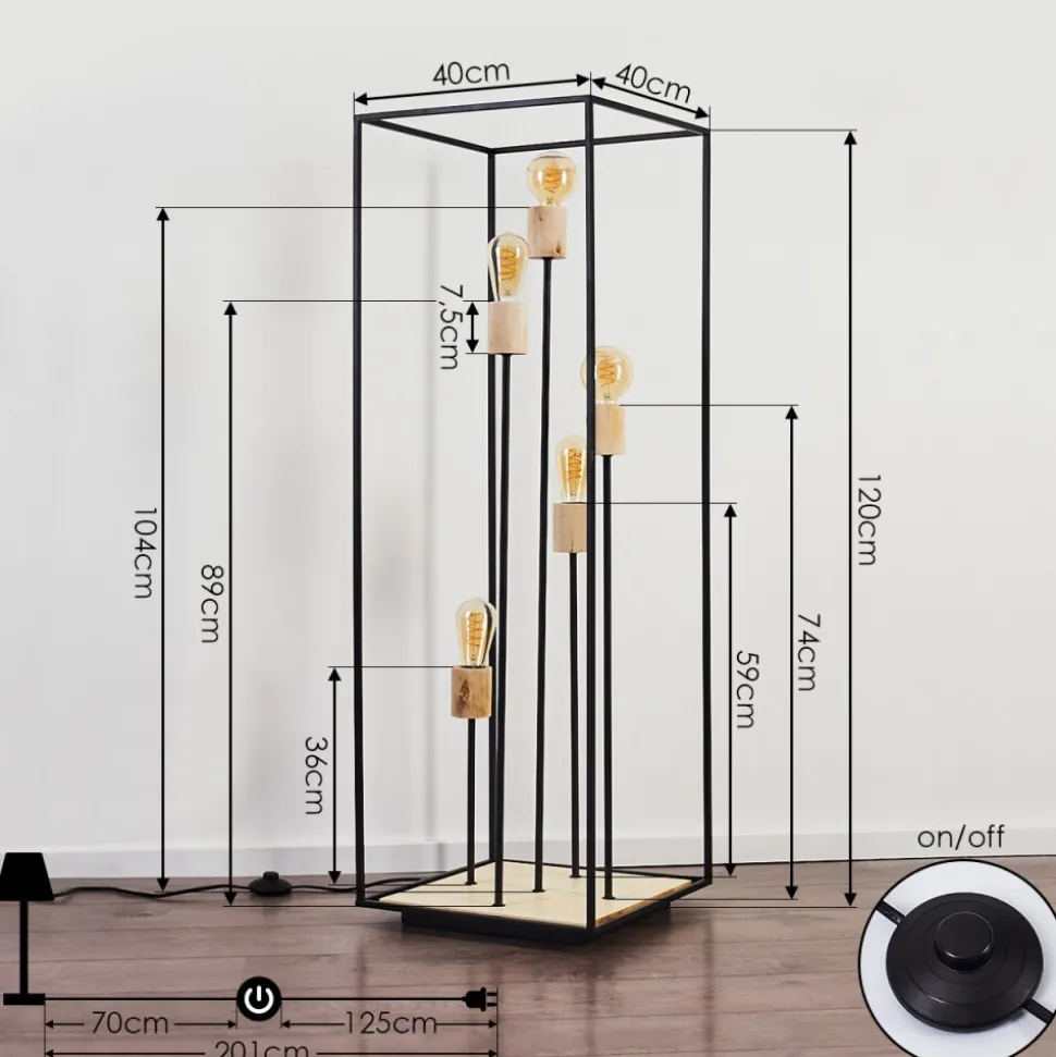 Lampadaire Salla Bois Fonce, Noir, 5 Lumieres
