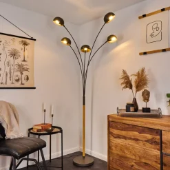 Lampadaire Siamado Bois Fonce, Nickel Mat, 5 Lumieres
