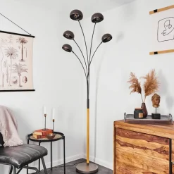Lampadaire Siamado Bois Fonce, Nickel Mat, 5 Lumieres