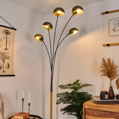 Lampadaire Siamado Bois Fonce, Nickel Mat, 5 Lumieres