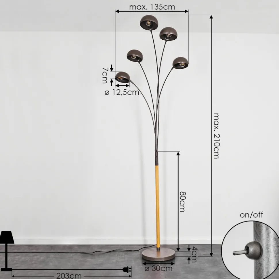 Lampadaire Siamado Bois Fonce, Nickel Mat, 5 Lumieres
