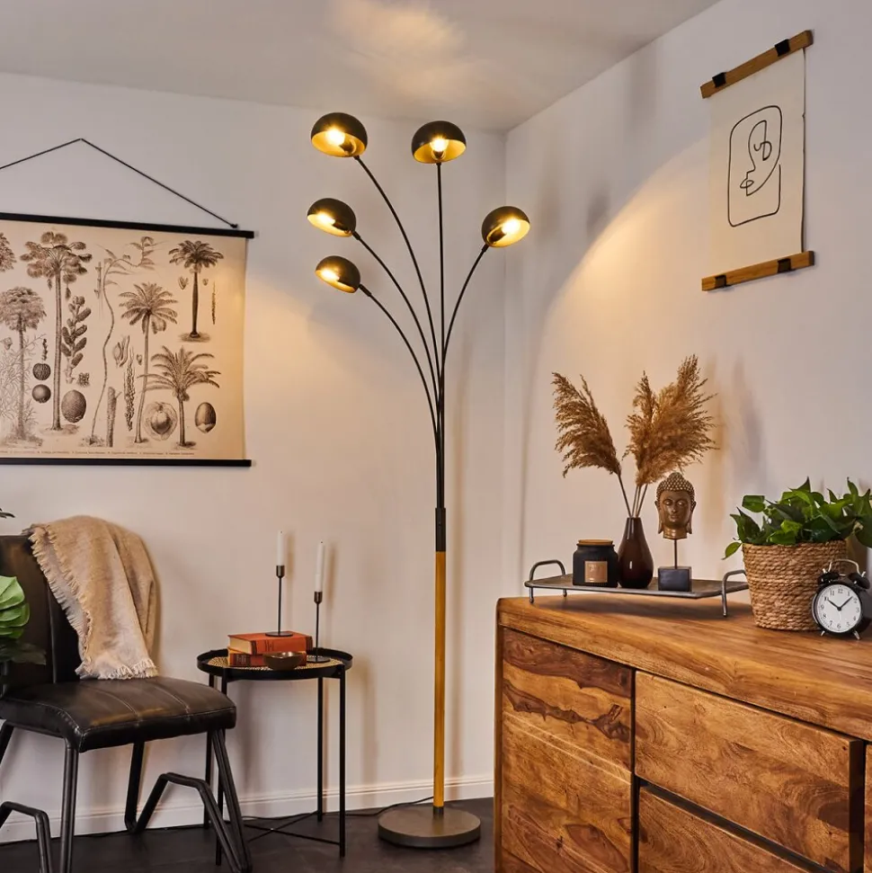 Lampadaire Siamado Bois Fonce, Nickel Mat, 5 Lumieres