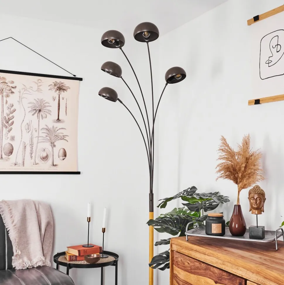Lampadaire Siamado Bois Fonce, Nickel Mat, 5 Lumieres