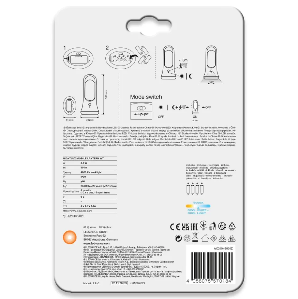 Lampe A Poser Ledvance Nightlux Blanc, 1 Lumiere, Detecteur De Mouvement