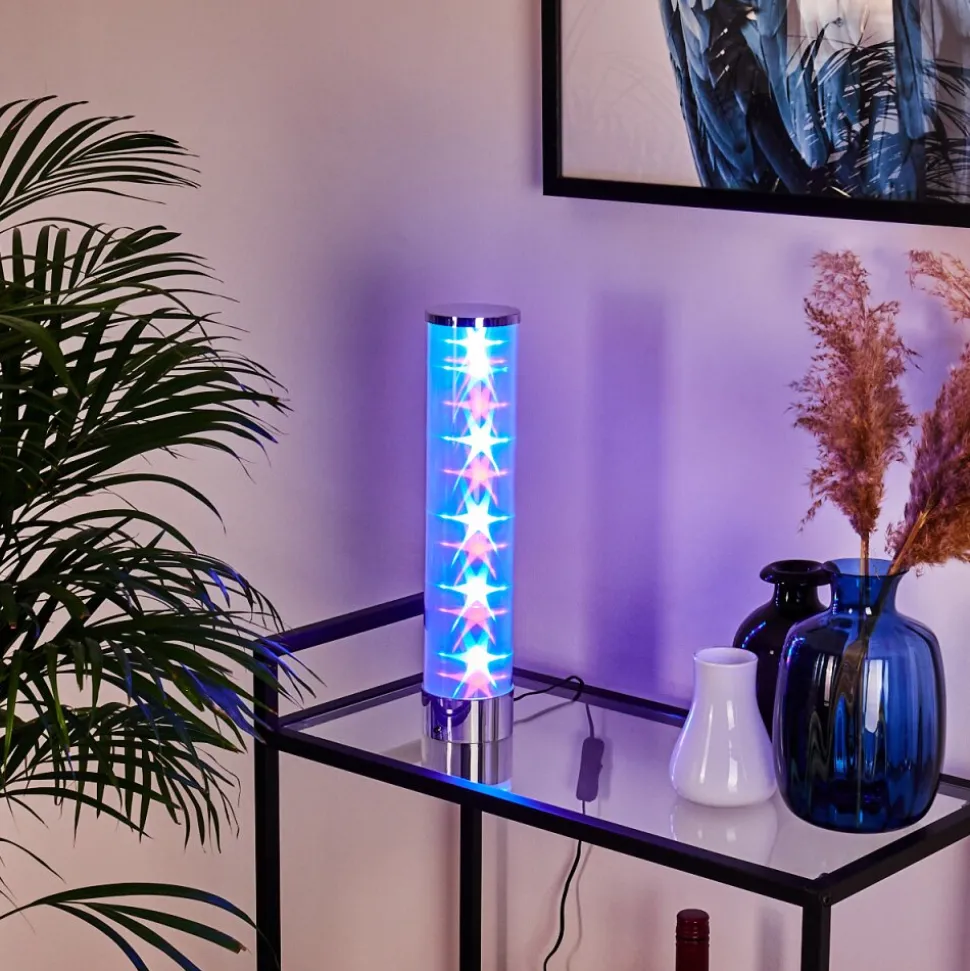 Lampe De Table Hatara Led Chrome, 1 Lumiere, Telecommandes, Changeur De Couleurs