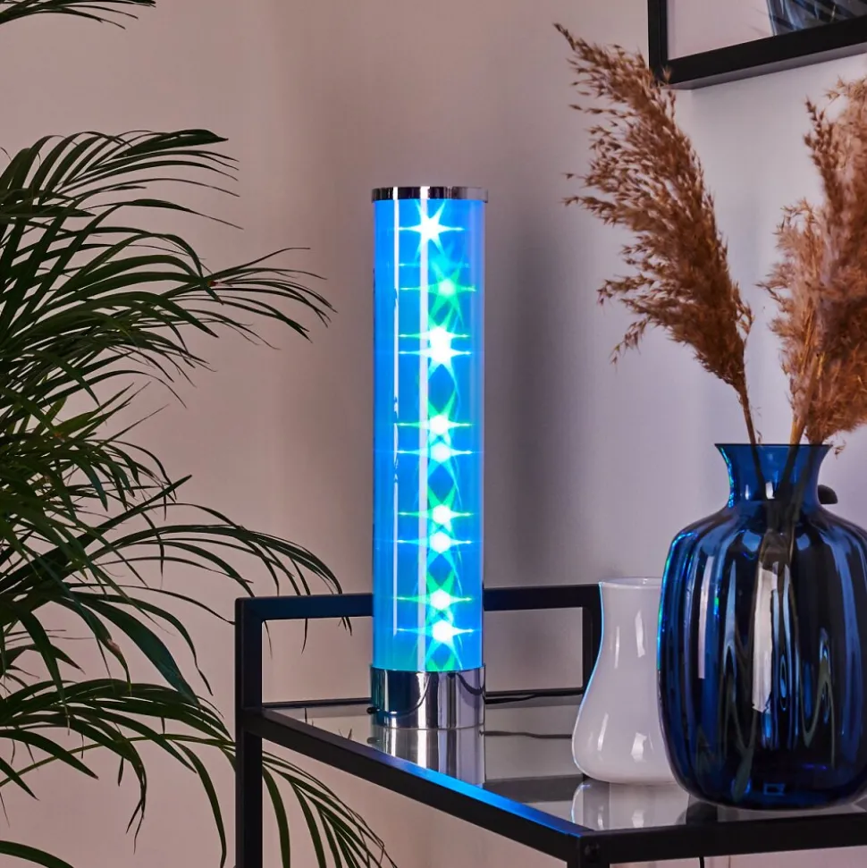 Lampe De Table Hatara Led Chrome, 1 Lumiere, Telecommandes, Changeur De Couleurs