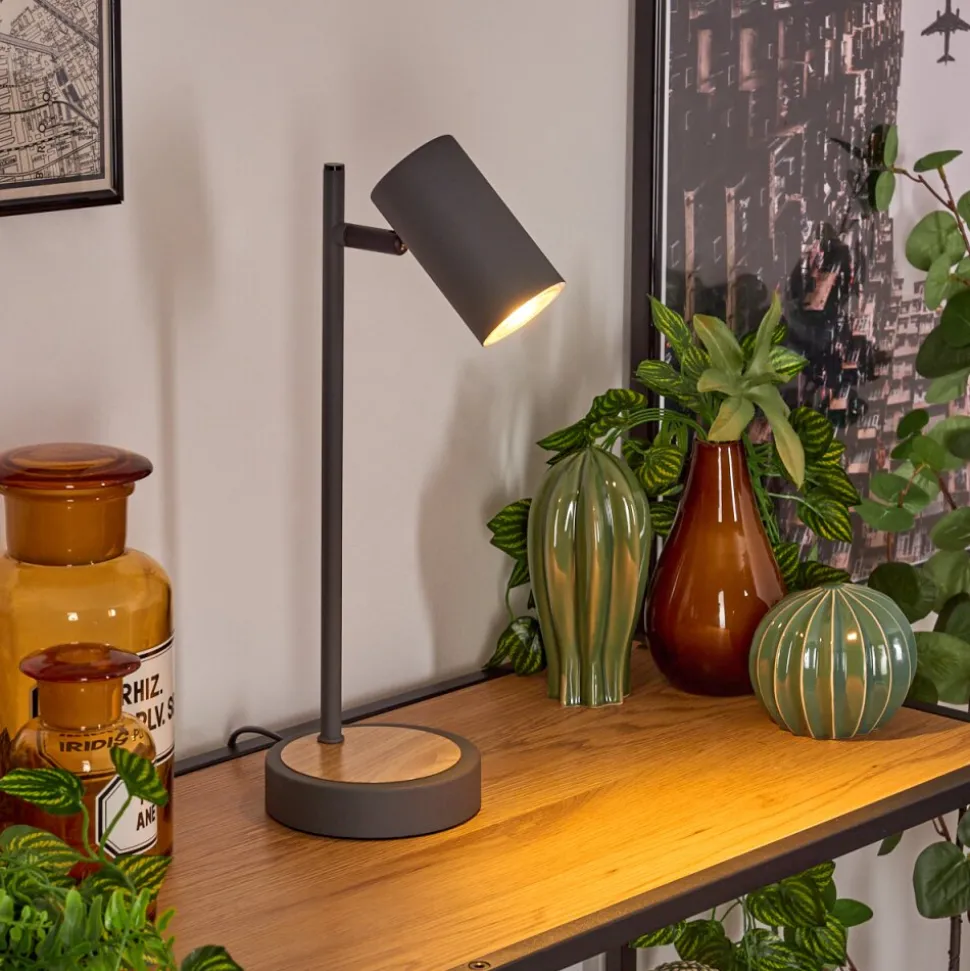 Lampe De Table Javel Gris, Couleur Bois, Noir, 1 Lumiere